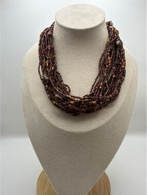 Vintage Esmor Multi Strand Seed Bead Necklace Brown Statement Adjustable Boho